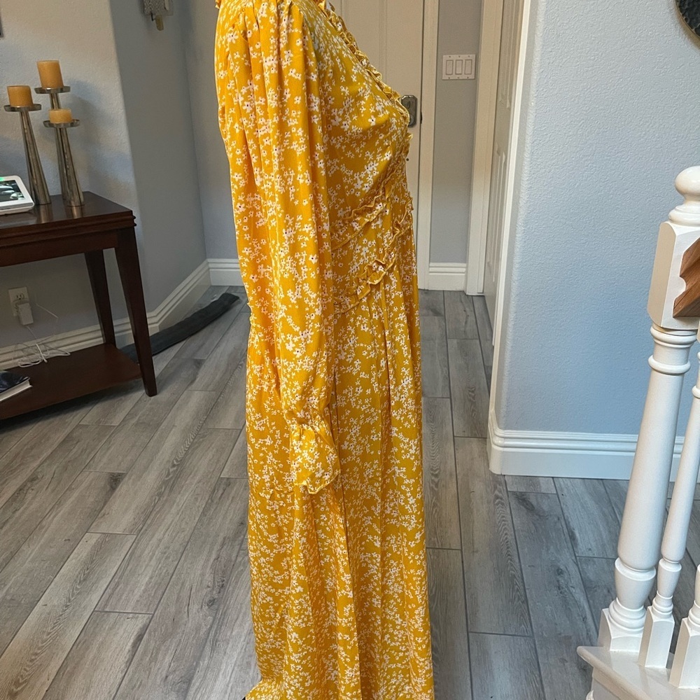 Boho Yellow Floral Long Sleeve MIDI Dress Sz.Large - Picture 6 of 8